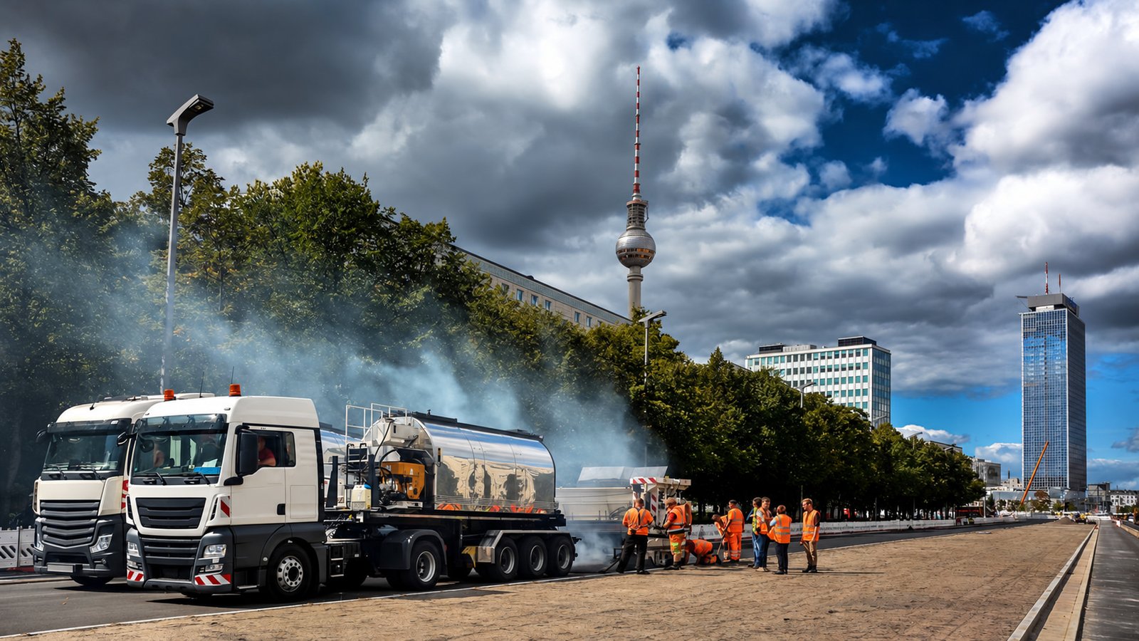 Straßenbau in Berlin: Bauarbeiter in orangefarbener Warnkleidung auf einer abgesicherten Baustelle